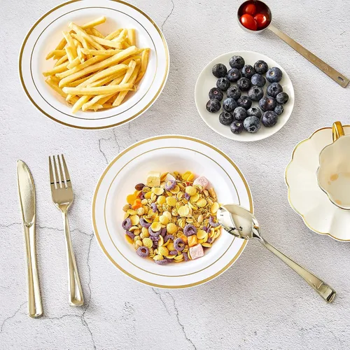Miniatura 6 de N9R 30 cuencos de plástico desechables con borde dorado, cuencos de plástico blanco elegante de 12 onzas, cuencos de ensalada de postre de primera