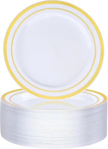 Miniatura 12 de BESTVIP 100 platos de postre de plástico transparente de 7 pulgadas, pequeño plato desechable para ensalada con borde dorado, platos pequeños