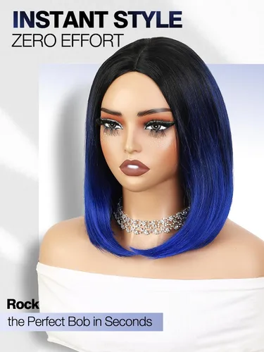 Miniatura 6 de Quick Wig - Pelucas Ombre, verde menta, corto, lacio, peluca bob, parte media sintética, para uso diario, cosplay, fiesta, pelucas completas