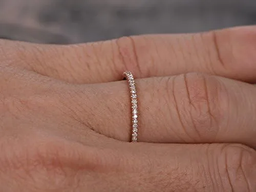 Miniatura 4 de Anillo de boda de oro rosa de 14 quilates, media eternidad, anillo apilable, micro pavé, banda fina a juego