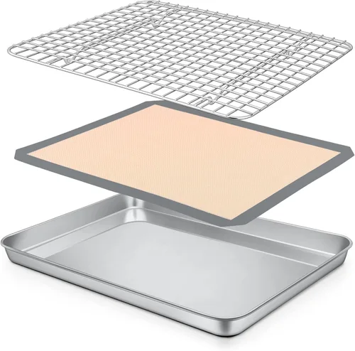 Miniatura 9 de P&P CHEF Bandeja para horno tostador de 9 x 7 x 1 pulgadas con rejilla y alfombrilla de silicona, bandeja para horno tostador de acero inoxidable