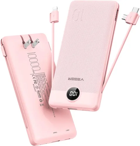 Miniatura 13 de VEGER Cargador Portátil con Enchufe de CA Integrado y Cables, Todo en Uno 10000mAh Batería Externa Ultra Delgada Esenciales de Viaje, Paquete