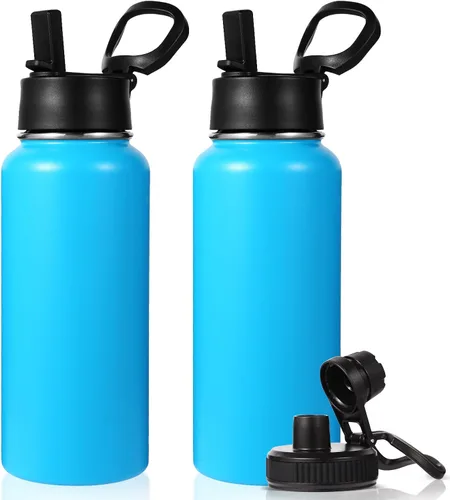 Miniatura 33 de Neihepal Botella de agua aislada de 32 onzas con 2 tapas (tapa con pajilla y boquilla), botellas de agua de doble pared de acero inoxidable 18/8