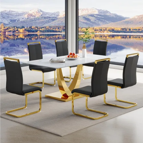 Miniatura 20 de Juego de mesa de comedor para 4, mesa de comedor de mármol sintético de 63 pulgadas con patas y base de acero inoxidable, sillas acolchadas