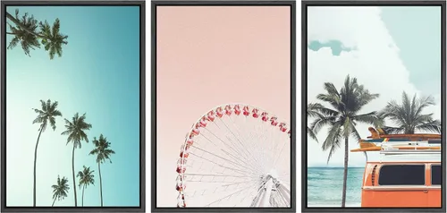 Miniatura 33 de SIGNWIN Lienzo enmarcado para pared, vista aérea de palmeras tropicales en un cielo azul, fotografía del océano costero, arte moderno, panorámico