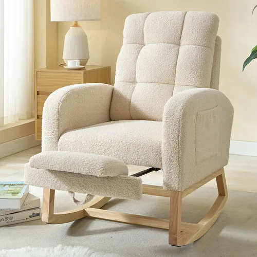 NIOIIKIT Mecedora moderna para guardería, mecedora tapizada de peluche con reposapiés, cómoda reclinable con bolsillo lateral, deslizador mecedora