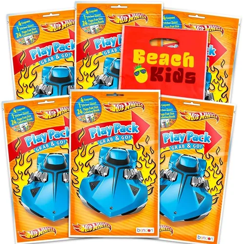 Hot Wheels Party Favors Pack ~ 6 Hot Wheels Play Packs Filled with Stickers, Coloring Books, Crayons, and Beach Kids Loot Bags (Hot Wheels Supplies)