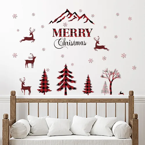 Miniatura 6 de Adhesivo de pared de Navidad - Árbol de bufalo de cuadro rojo y negro, pegatinas de ventana de venado, nieve removible para decoración del hogar