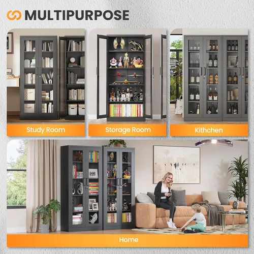 Miniatura 8 de Gabinete de exhibición con bloqueo con puerta de cristal, gabinetes Curio de metal de 71 pulgadas de alto con estantes ajustables, vitrina de licor