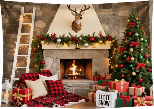 Miniatura 7 de Fondo de chimenea de Navidad de 7 x 5 pies, hogar rústico con guirnalda de fondo para decoración de fiestas temáticas de Navidad, vinilo 5-Consulta