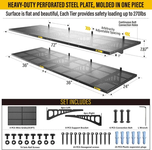 Miniatura 4 de Paquete de 4 estantes de pared de metal ajustables de 2 x 3 pies, estantes de almacenamiento de garaje resistentes montados en la pared, color negro