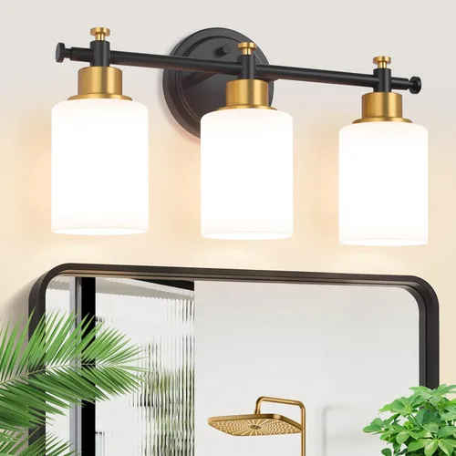 Miniatura 17 de Lámparas de baño negras de 3 luces, modernas luces de tocador sobre el espejo, apliques de pared de baño con pantalla de vidrio blanco, enchufe E26
