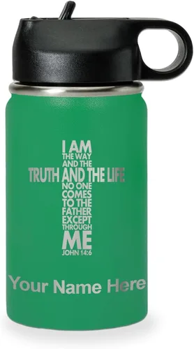 Miniatura 66 de LaserGram Botella de agua de doble pared abatible de 12 onzas con pajilla, versículo bíblico John 14-6, grabado personalizado incluido