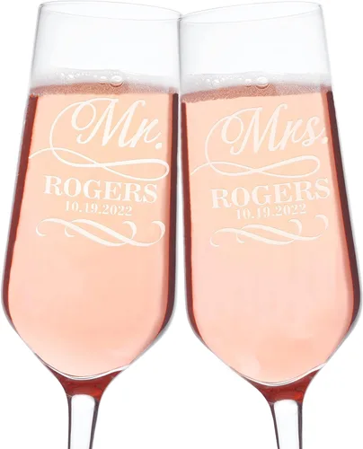 Juego de 2 copas de champán personalizadas para boda, copas de champán personalizadas para novia y novio, señor señor, señora, apellido y fecha con
