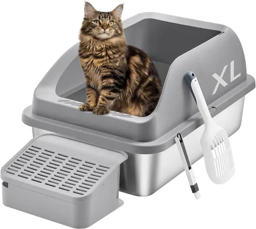 Miniatura 10 de Feandrea Caja de arena para gatos de acero inoxidable con tapa abatible, alfombrilla y caja, 2 puertas, cuchara, para gatos de hasta 33 libras, gris