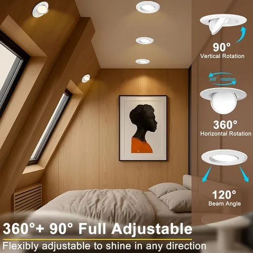 Miniatura 4 de Lightdot - Paquete de 6 luces LED empotrables con rótula de 6 pulgadas, ajustable 360°+90°, temperatura de color de 3CCT seleccionable y regulable