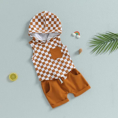 Miniatura 9 de Conjunto de ropa de verano para bebé niño y niño, diseño a cuadros, manga corta, sudadera con capucha y pantalones cortos casuales