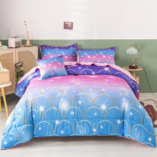 Miniatura 14 de RYNGHIPY Juego de ropa de cama tamaño matrimonial de sirena para niñas, colorido arco iris, juego de edredón con sábanas suaves y ligeras, 6 piezas