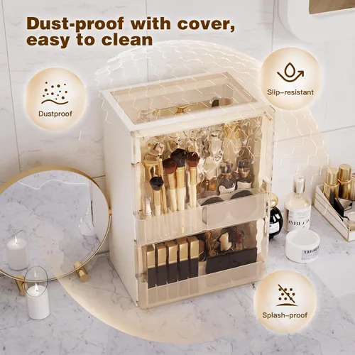 Miniatura 6 de Organizador de maquillaje con cajones, organizador de cuidado de la piel para tocador, vitrina grande de cosméticos con asa, organizadores