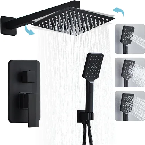 Miniatura 8 de Sistema de ducha de 8 pulgadas con caño de bañera, juego de grifería de ducha negra para baño, cabezal de ducha cuadrado de alta presión