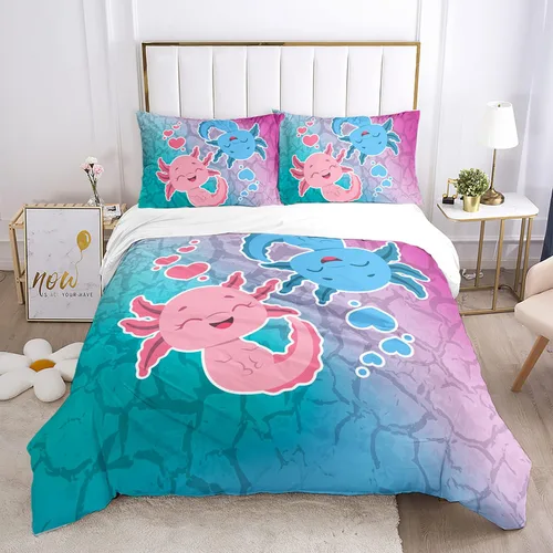 Miniatura 17 de HOSIMA Axolotl - Juego de ropa de cama Kawaii para decoración de dormitorio de niños, juego de funda de edredón de 3 piezas, 1 funda de edredón