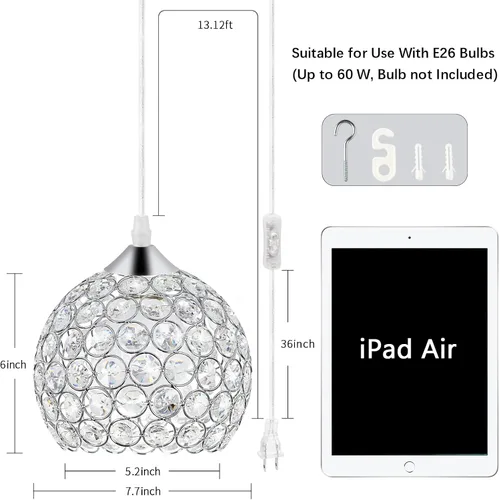 Miniatura 7 de TISLYCO - Lámpara de araña de cristal con enchufe y cable largo de 13.12 pies y interruptor de encendido/apagado, lámparas colgantes con enchufe