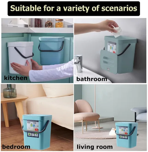 Miniatura 5 de Bote de basura pequeño con tapa, mini bote de basura colgante de cocina herméticamente sellado, sin olor, pequeño contenedor de compost para Azul