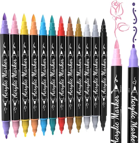 TOSHARE Marcadores de pintura acrílica de 12 colores, pincel y punta fina de doble punta para rocas, madera, papel, tela, lienzo, vidrio, cerámica,