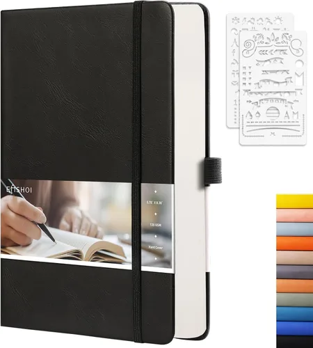 EMSHOI - Cuaderno de puntos, 256 páginas A5, cuadrícula de puntos, papel grueso de 120gsm, 16 páginas perforadas, piel sintética suave, bolsillo