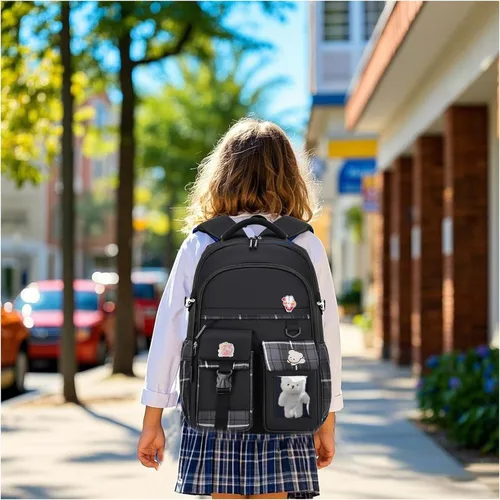 Miniatura 2 de PRLINJSK Mochila para niñas, mochila escolar linda para niñas, niños y adolescentes, mochila Kawaii para primaria, Negro, Mediana, Mochilas