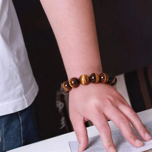 Miniatura 3 de Pulsera de cuentas redondas de piedra de ojo de tigre rojo natural, brazalete elástico (tamaño 0.551in)