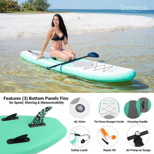 Miniatura 7 de SereneLife 10’ Inflatable Stand Up Paddle Board with Premium SUP Accessories - 32” Wide Stable Design with Non-Slip EVA Deck Pad, for Youth and Verde