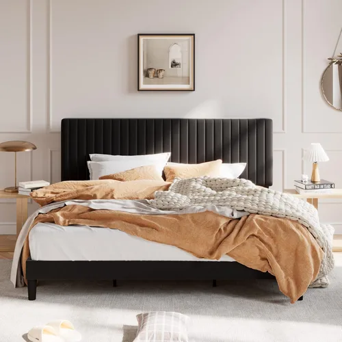 Miniatura 3 de SHA CERLIN Base de cama tapizada King con cabecera ajustable, tela de terciopelo capitoné de canal vertical, soporte de listones de madera, base