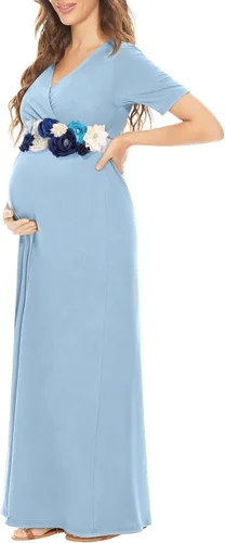Kim S Vestido largo de maternidad con banda de flores (S-3XL), vestido de fiesta baby shower con cuello en V fruncido