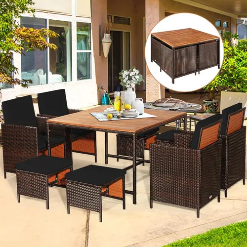 Miniatura 3 de HAPPYGRILL Juego de 9 piezas de comedor para patio al aire libre con asientos acolchados, mesa de comedor que ahorra espacio con mesa de madera
