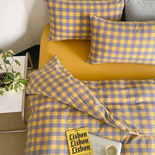 Miniatura 35 de MKXI Juego de funda de edredón a cuadros de tamaño individual, color verde bosque y amarillo mostaza, ropa de cama de 3 piezas de algodón lavado