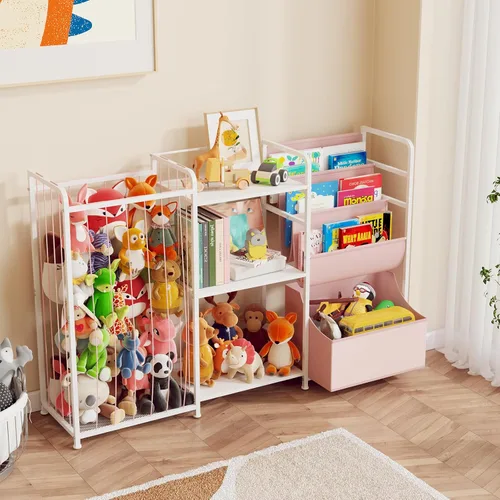Miniatura 8 de BBLIKE Organizador de almacenamiento de animales de peluche 3 en 1, almacenamiento de juguetes con estantería para niños y soporte grande