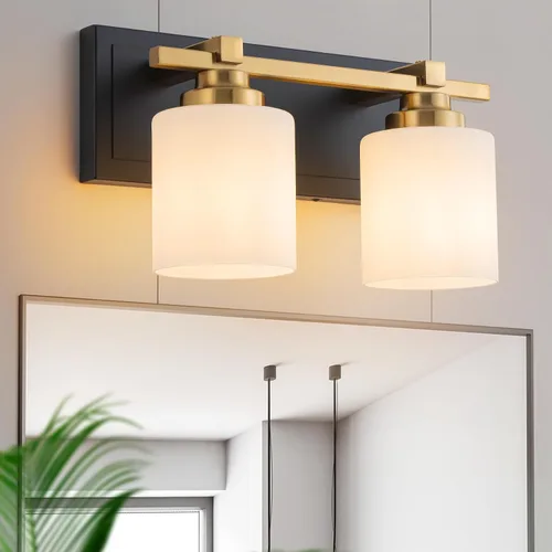 Miniatura 15 de 1 Luminaria Moderna de Baño sobre Espejo, Luces de Tocador Negro Dorado para Apliques de Pared de Baño con Pantallas de Vidrio Blanco Lechoso