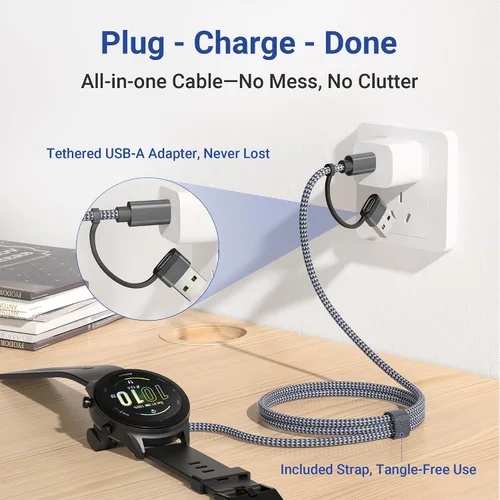 Miniatura 3 de Itramax Cable de carga USB C 2 en 1 para Garmin Watch de 4 pies, cable de alimentación de carga USB para Garmin Fenix 8 E 7 7X 7S 6 Solar