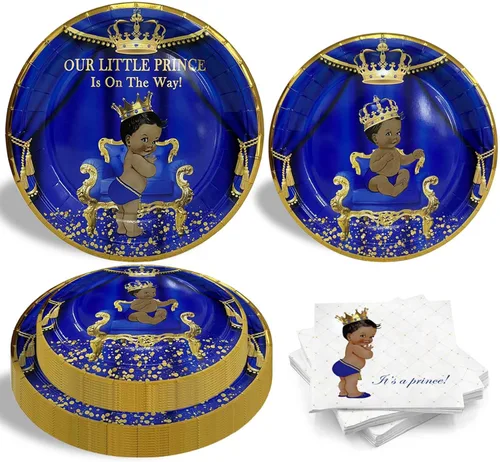 Servilletas con platos para fiesta de baby shower, con diseño de "Nuestro Principito está en camino" para 24 invitados, vajilla desechable azul real