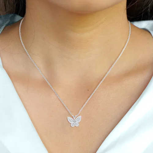 Miniatura 3 de Blooming Garden - Collar con colgante de diamante de mariposa abierta, 14 cttw Baguette y collar de mariposa de diamante redondo, chapado en oro