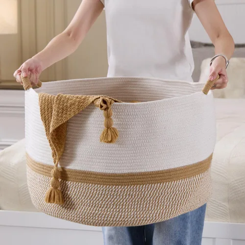 Miniatura 4 de Luxury Little Cesta de almacenamiento extragrande para guardería, 20 x 20 x 13.8 pulgadas, 100 % algodón con asas, cesta de manta para juguetes