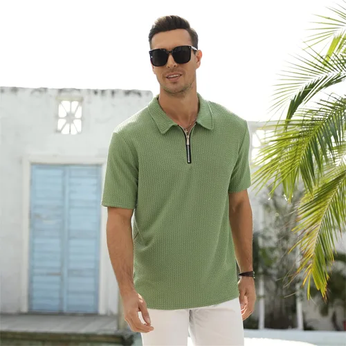 Miniatura 2 de Camisas polo casuales a rayas para hombre Moda atlética elástica cuello con cremallera manga corta ajustada