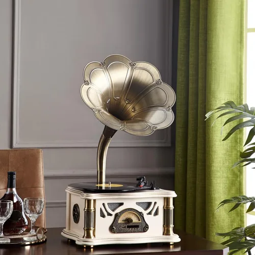 Miniatura 3 de Tocadiscos Gramophone, reproductor de discos de vinilo de estilo italiano con entrada Bluetooth/USB/FM, tocadiscos de 2 velocidades, Hi-Fi, trípode