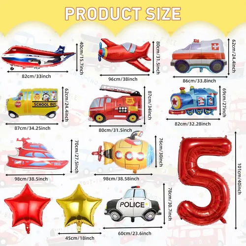 Miniatura 2 de 12 globos de transporte, camión, avión, autobús escolar, camión de bomberos, coche de policía, barco, ambulancia, submarino, globos de aluminio