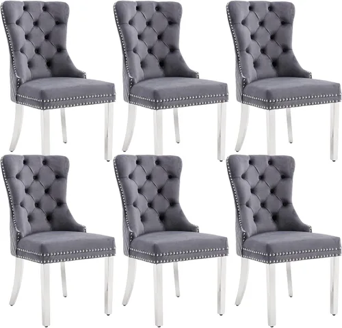 Miniatura 20 de KCC Juego de 2 sillas de comedor tapizadas de terciopelo, modernas sillas capitoné con botones con anillo de cabeza de león y patas de acero