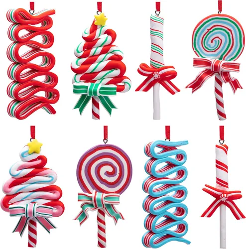 Miniatura 9 de codree 8 piezas Adornos colgantes de piruleta de Navidad - Adornos de caramelo para árbol de Navidad - Adorno de arcilla polimérica de caramelo
