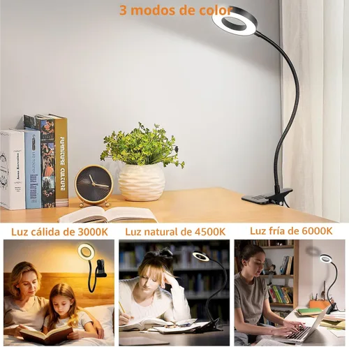 Miniatura 2 de Woputne Lámpara de escritorio con clip para lectura en casa, oficina, 10 brillo regulable, 3 modos, luz de abrazadera para cabecera de cama Negro
