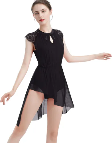 ODASDO Elegante vestido de baile lírico para mujer, manga casquillo de encaje, falda de tul asimétrica, leotardo, disfraz contemporáneo, XS-XL