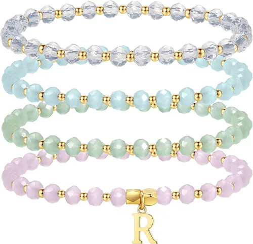 Miniatura 8 de IEFWELL Pulseras con iniciales para niñas y niños – Juego de 4 pulseras de cristal rosa/azul/blanco/verde, pulsera elástica para niños, joyería